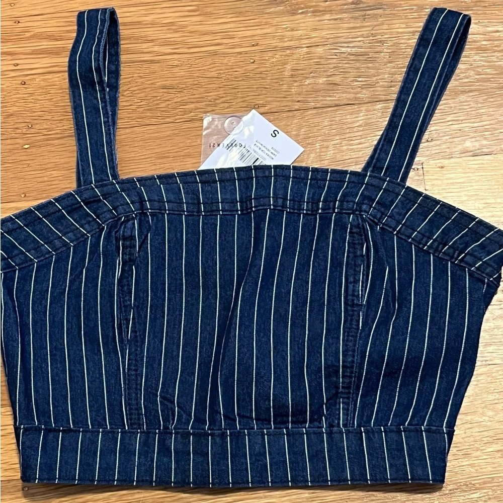 Forever 21 NWT Dark Blue Denim Pinstripe Crop Top Exposed Zipper Womens Small